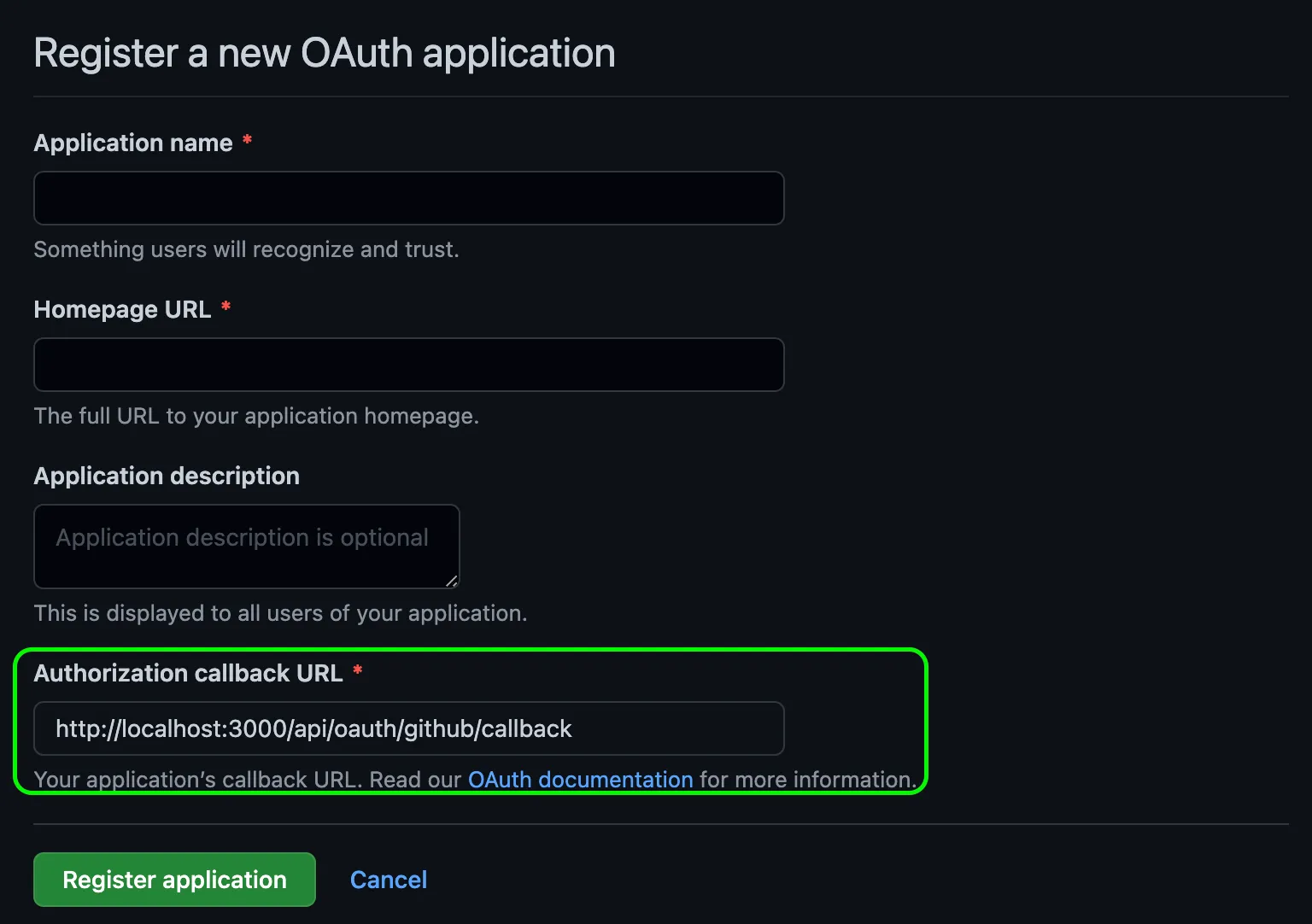 Github New Oauth App